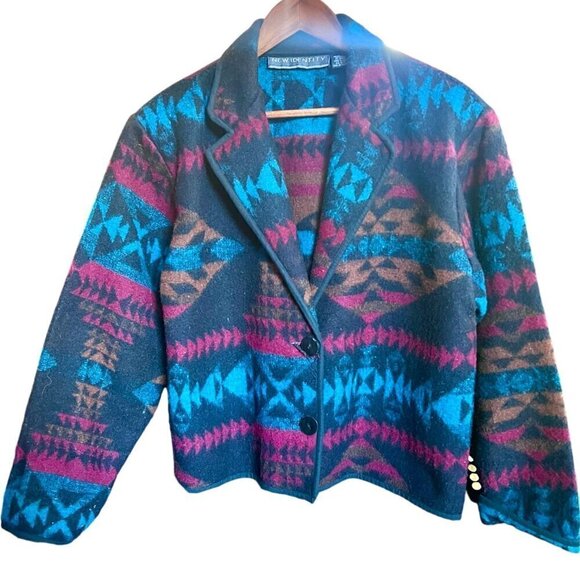 VTG Southwestern Navajo Aztec Wool Blend Jacket Blazer Short Teal Brown Black L - Picture 2 of 14